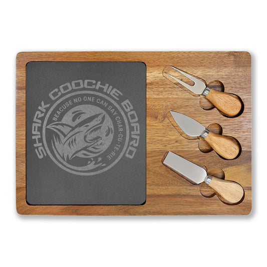 Engraved Shark Charcuterie Board — Personalized Bamboo Cheese Serving Set