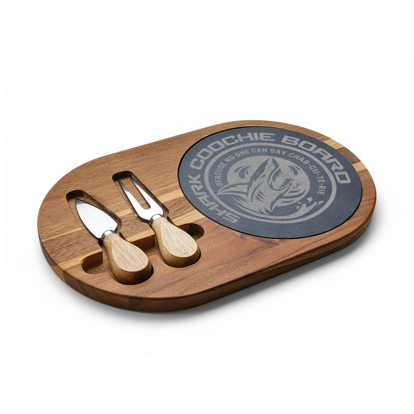 Engraved Shark Charcuterie Board — Personalized Bamboo Cheese Serving Set