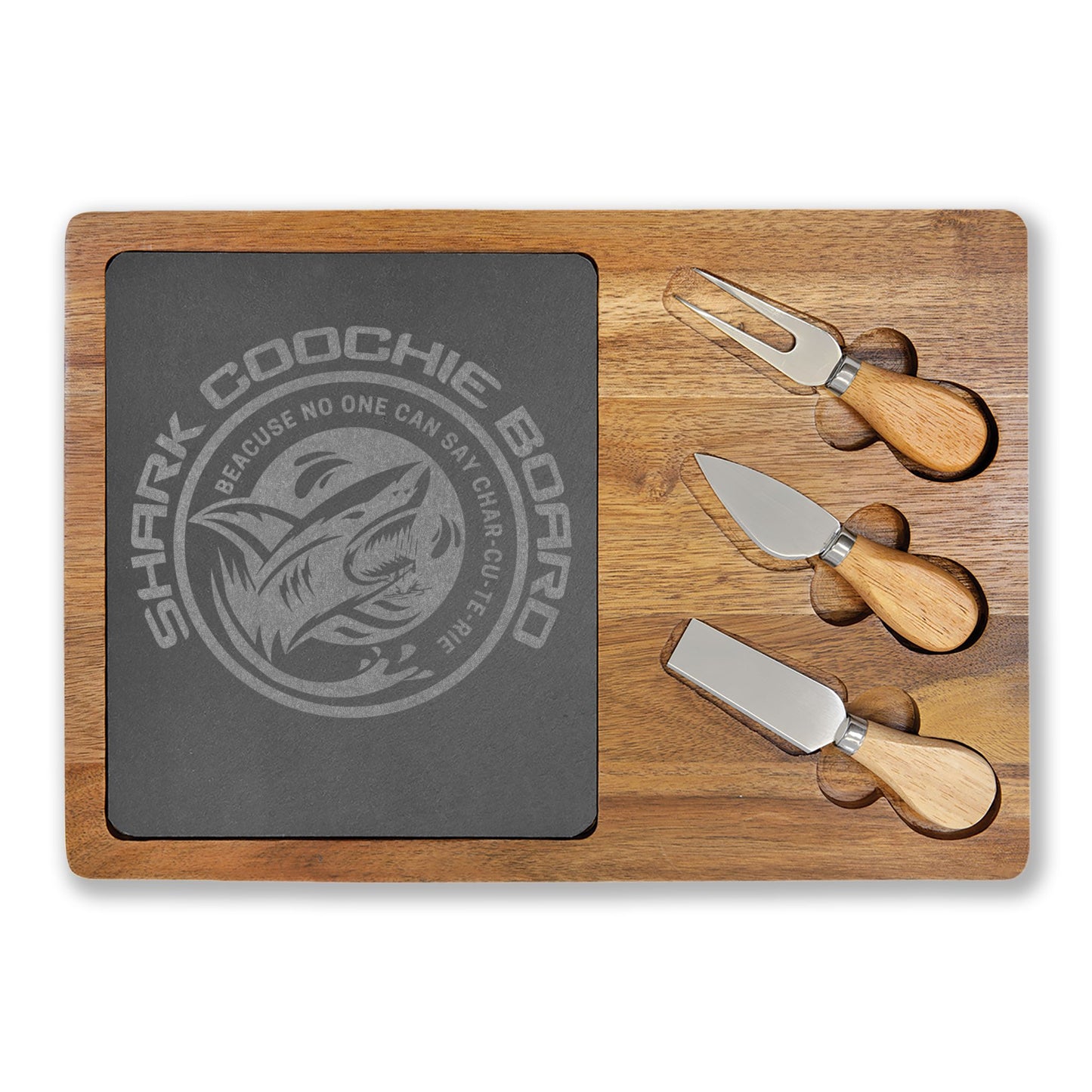 Engraved Shark Charcuterie Board — Personalized Bamboo Cheese Serving Set