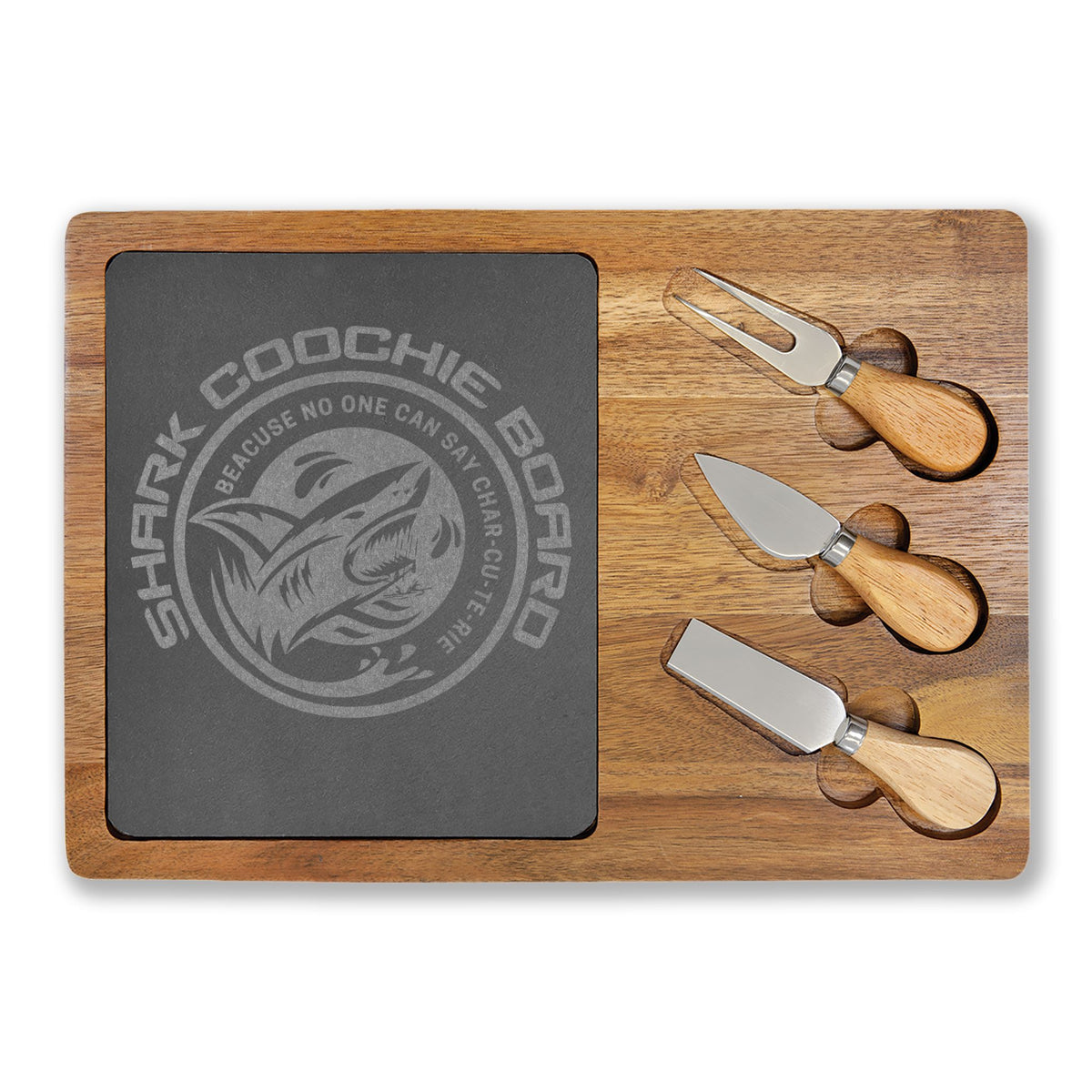 Engraved Shark Charcuterie Board — Personalized Bamboo Cheese Serving Set