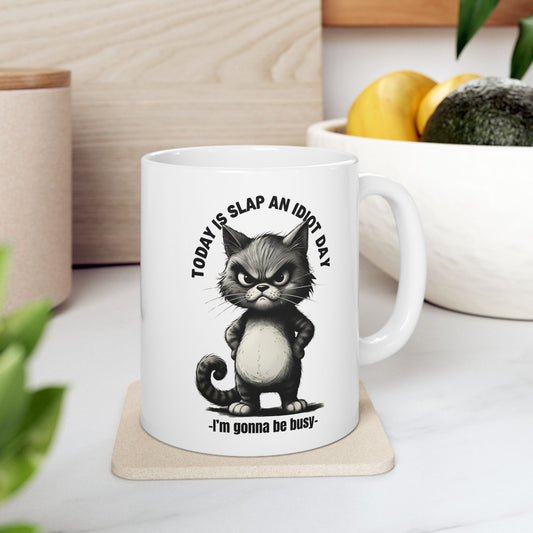 “Today Is Slap an Idiot Day” Cat Mug – Funny Sarcastic Mug | 11oz & 15oz