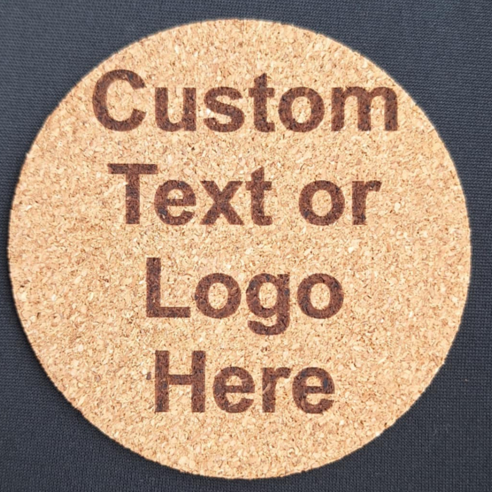 Round cork label with customizable text or logo on a dark background