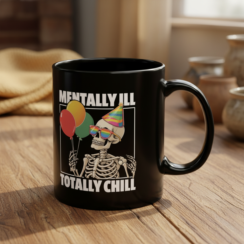 Mentally Ill Totally Chill Skeleton Mug - Rustic Background