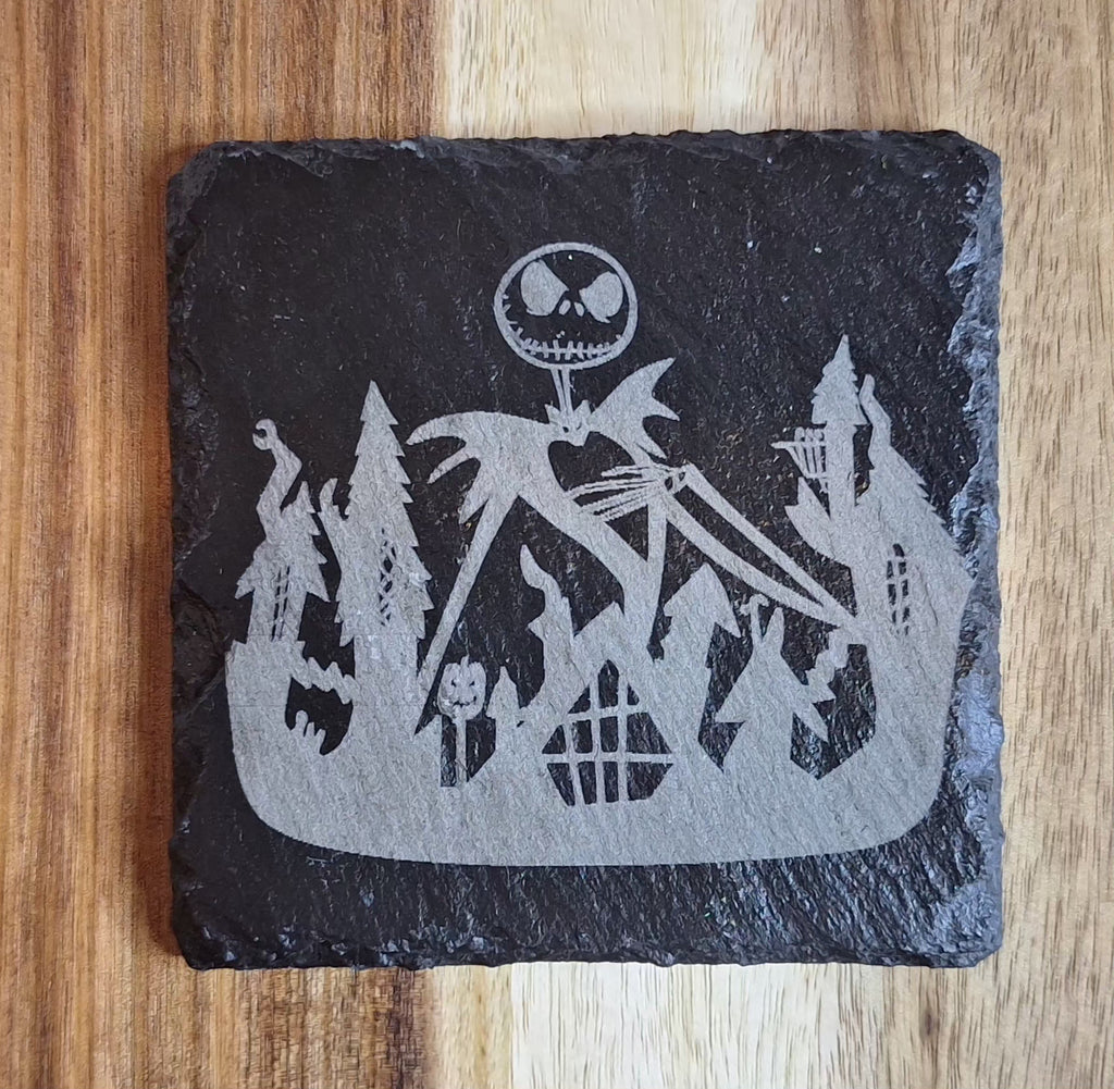 Engraved Jack Skellington–Inspired Christmas Slate Coaster